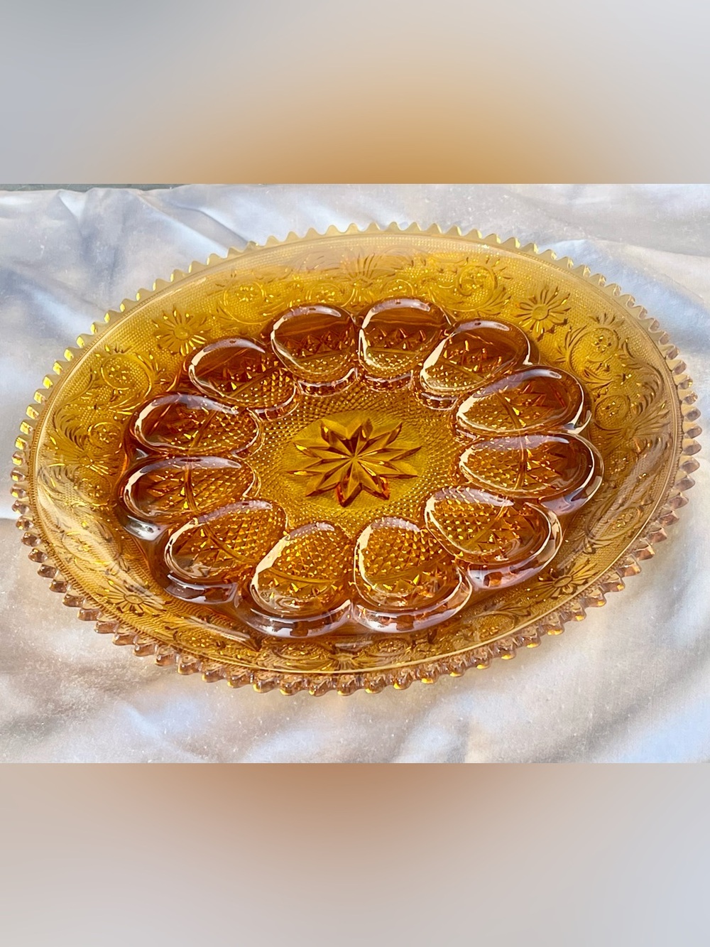 Vintage Amber Glass Deviled Egg Platter 12” Heavy Pressed Glass Serving Tray - Picture 4 of 5